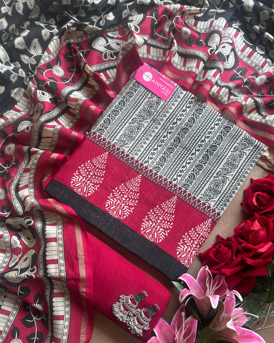 Abstract black and coloured pure Maheshwari suit set