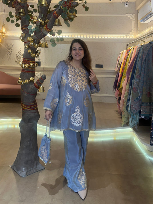 Shimmer organza indo western coord set with sharara pants and potli