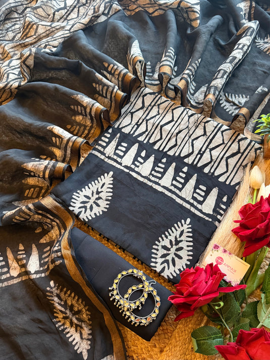Maheshwari cotton black beige abstract print suit set