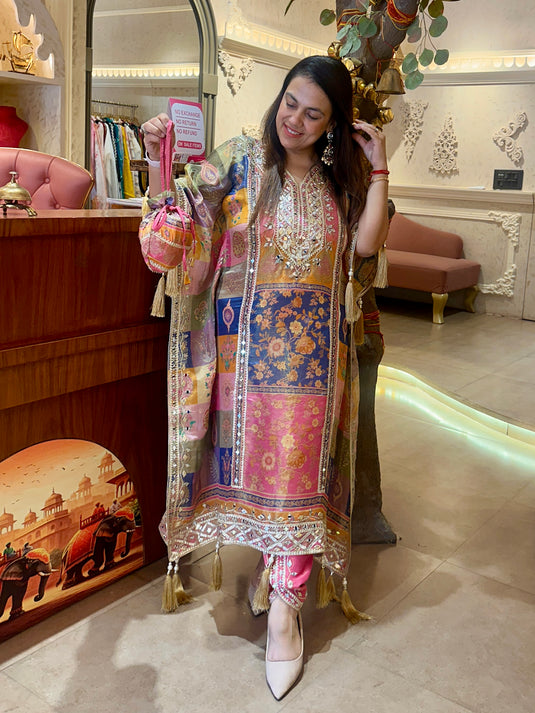 Sabyasachi shimmer Crepe gotta mirror work kaftan with embroidered tulip pants