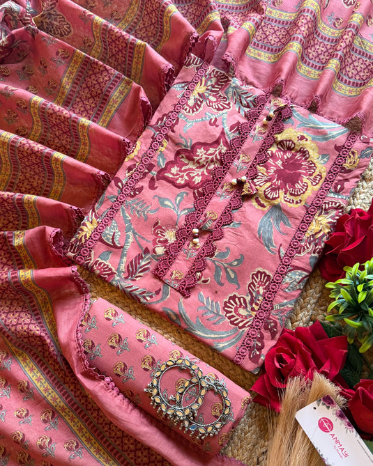 Cambric pakistani cotton lace work suit set