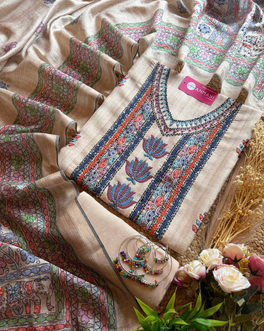 Kantha work traditional Khadi Chanderi suit set