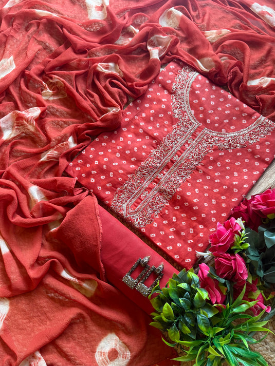 Bandhej print Dori kurta neck Cambric cotton suit set