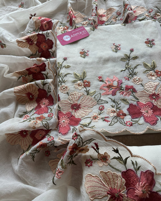 Mul Chanderi cutwork embroidered suit sets