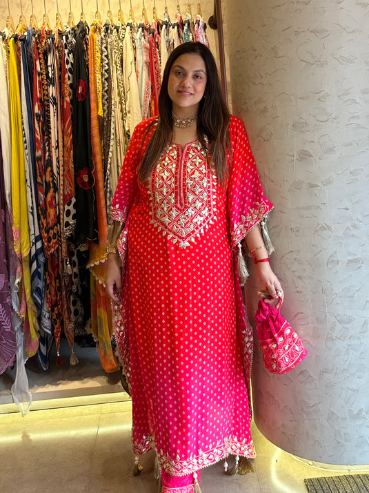 Bandhani ombré gotta work kaftan set with tassels