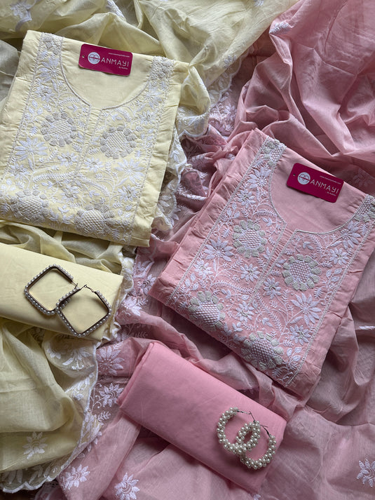 Cotton pastel Chikankari pearl neck suit set
