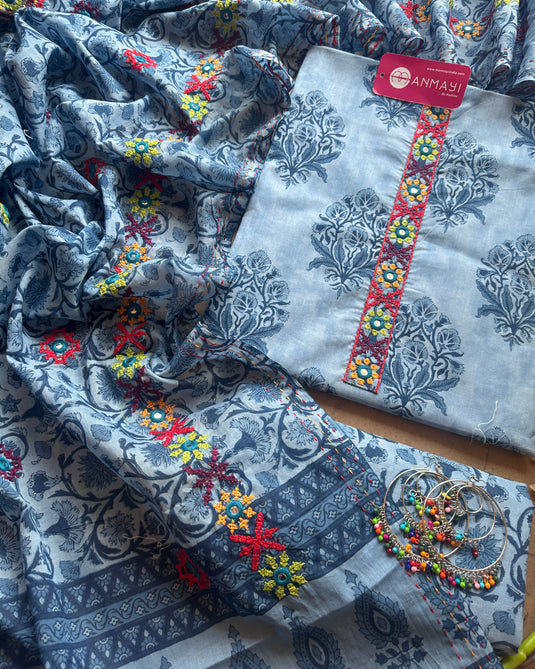 Indigo block print pure cotton suit with Kutch work dupatta
