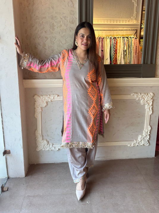 Neon beige cotton silk weaving coord set with boho lace