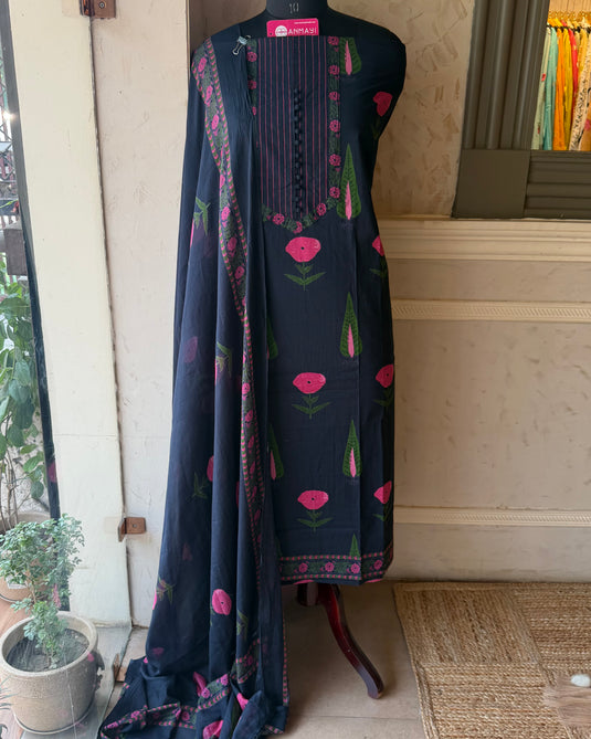 Raat Rani bloom black cambric cotton suit set