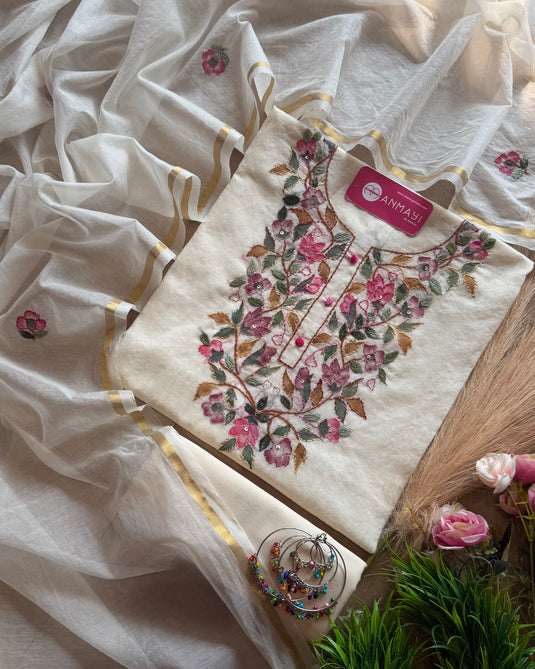 Chanderi cotton handbrushed kantha work suit set