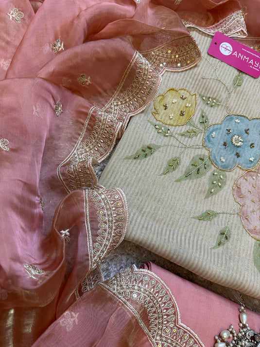 Appliqué work shimmer lines organza suit with embroidered dupatta