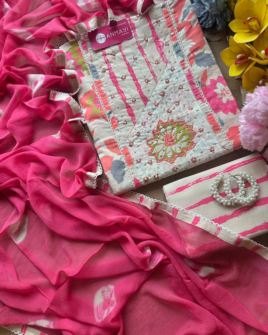 Neon flower cotton suit with pure chiffon batik dupatta