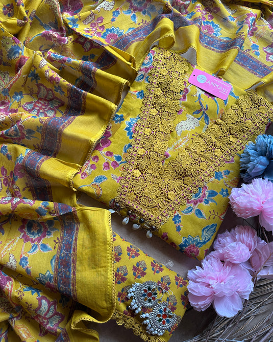 Floral cottons crochet v neck pure cotton suit set