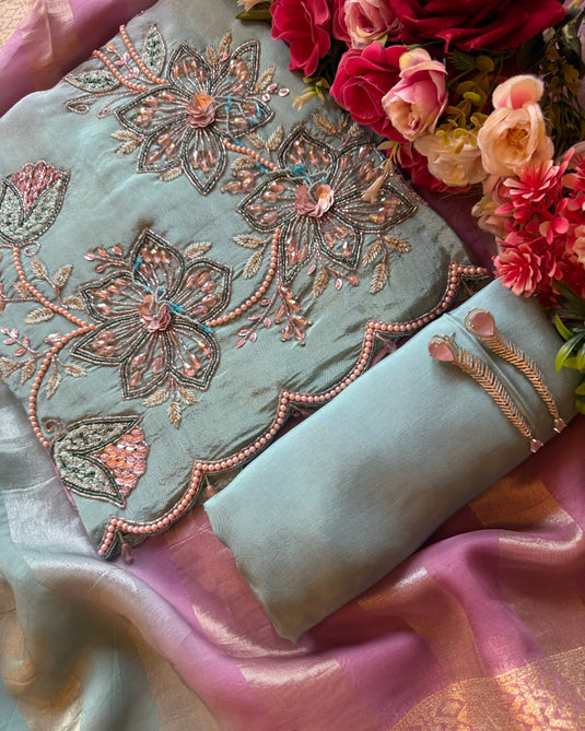 Intricate 3D embroidered shimmer silk suit set