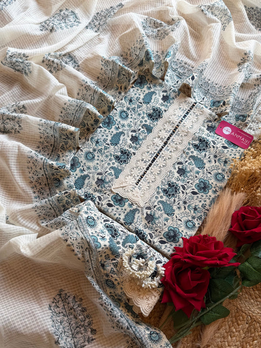 Printed pure cotton crochet work suit set with Kota block print dupatta