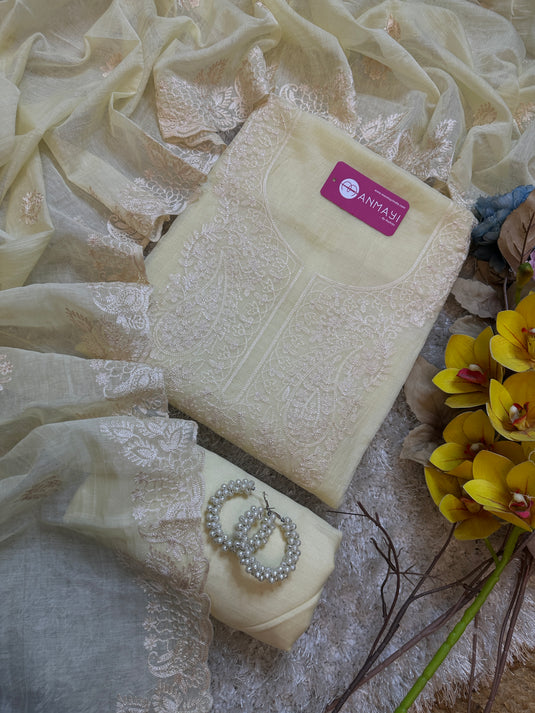 White dori work pastel mul Chanderi suit set