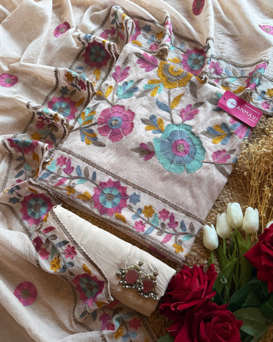 French coloured embroidery Mul Chanderi suit set