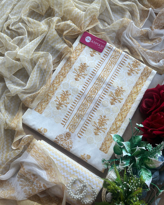 Traditional hand block pure cotton suit set with pure chiffon dupatta
