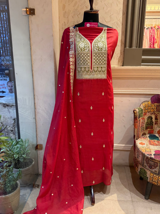 Aarzoo Patched Dori neck pure Mul Chanderi suit set