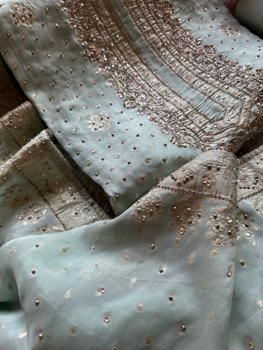 Hand embroidered pure organza banarasi suit set