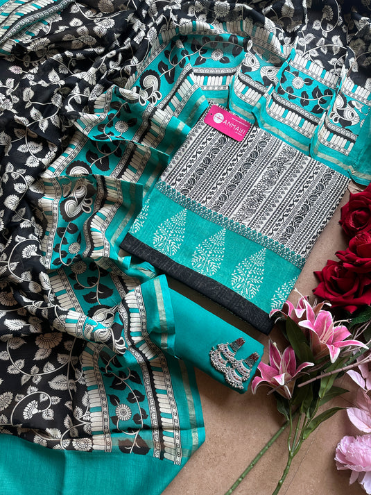 Abstract black and coloured pure Maheshwari suit set