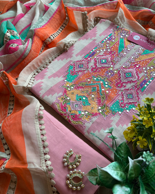 Boho neck Ikkat print pure linen muslin suit set