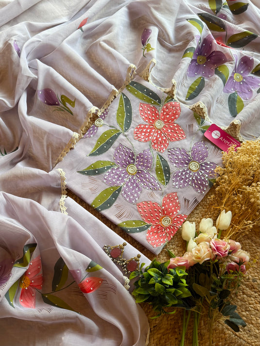 Mul Cotton Chanderi Handpaint suit with highlights