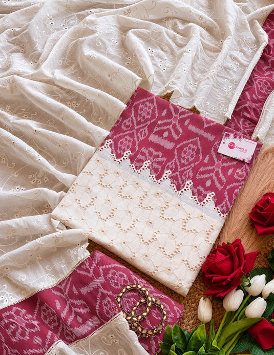 Hakooba Ikkat fusion wine cream combination suit set