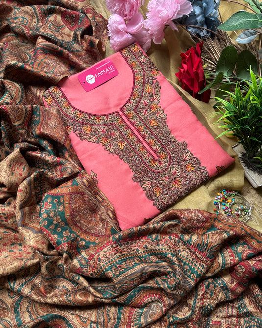 Kashmiri work woollen suits with printed shawls