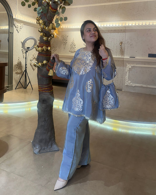 Shimmer organza indo western coord set with sharara pants and potli