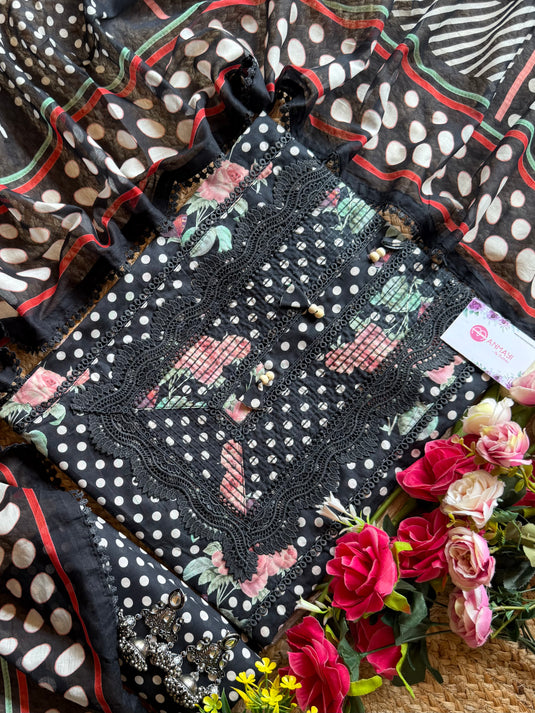 Digital flowers polka dots mul cotton Pakistani suit set