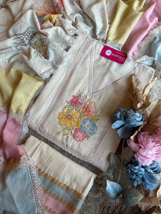 Ivory pure linen suit set with candy shades crochet dupatta