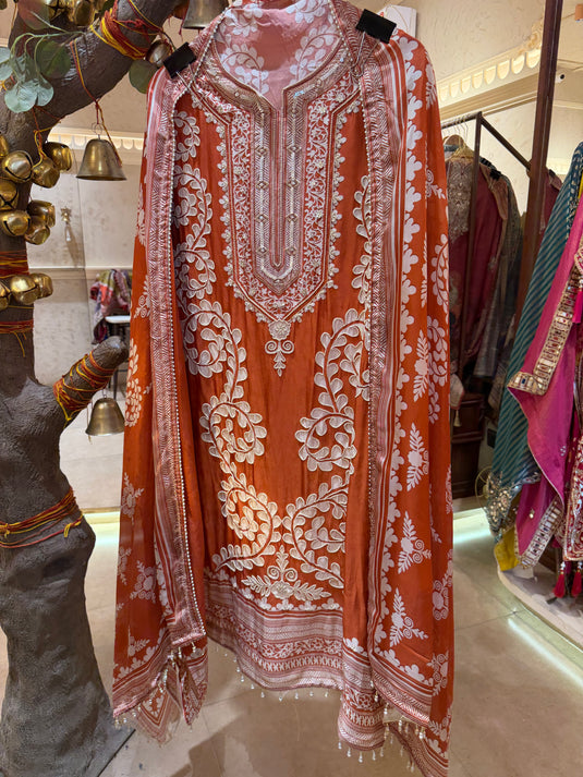 Russian silk pearl seaquins work printed suit set
