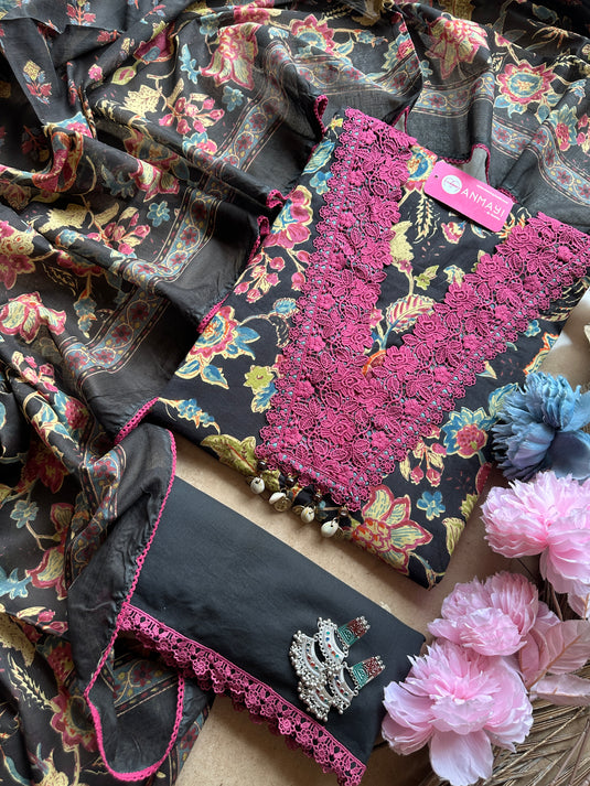 Floral cottons crochet v neck pure cotton suit set