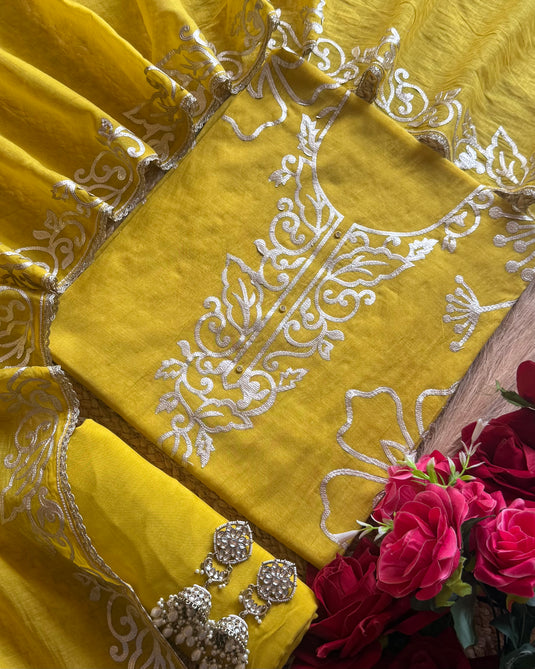 Leather work festive Mul Chanderi suit set