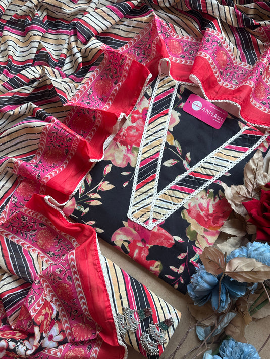 V neck printed floral suit set with print cotton salwar