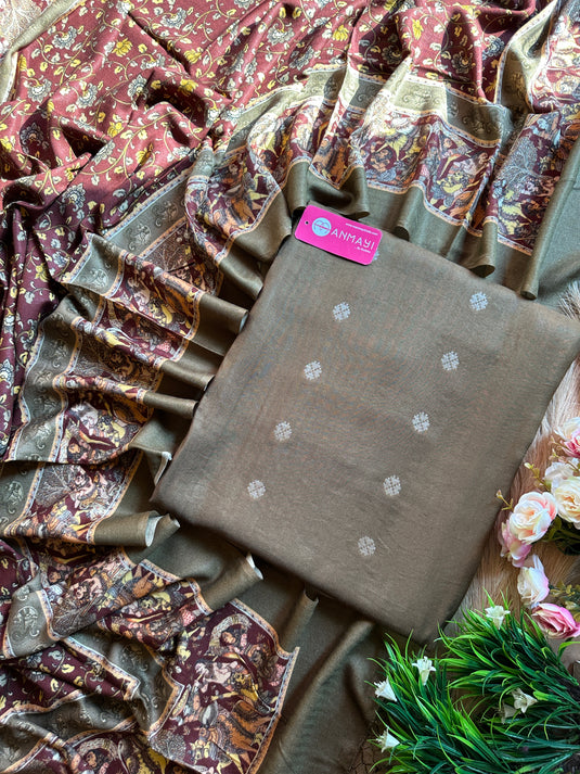 Banarasi weave pure pashmina suit set with printed shawl