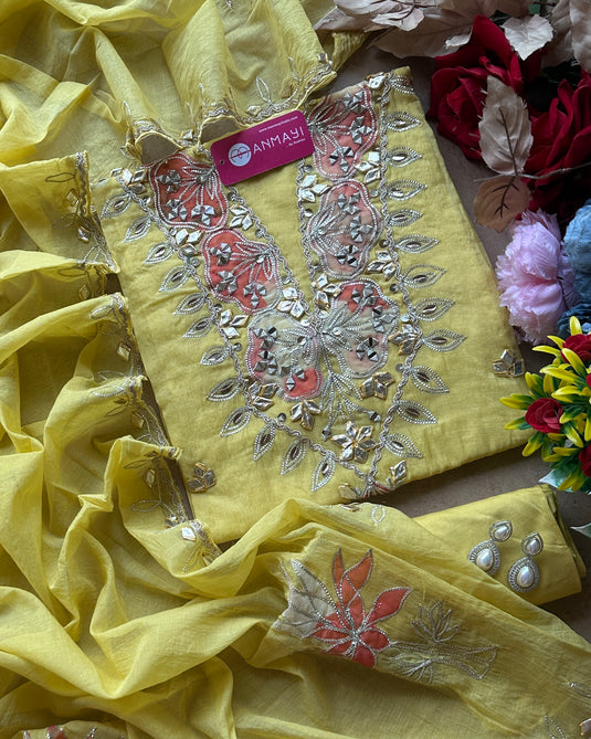 Gotta embroidered neck pure mul chanderi suit set