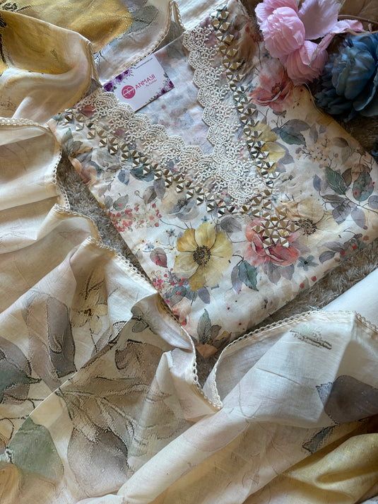 Floral pure cotton mirror neck suit set with digital Mul dupatta