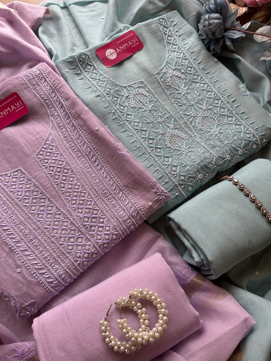 Pastel pure Mul suit set with Chikankari pearl work