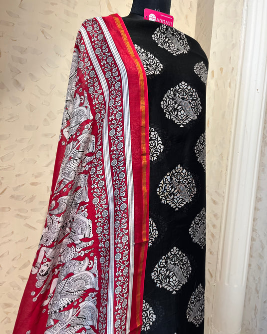 Pure Maheshwari red black combination suit set