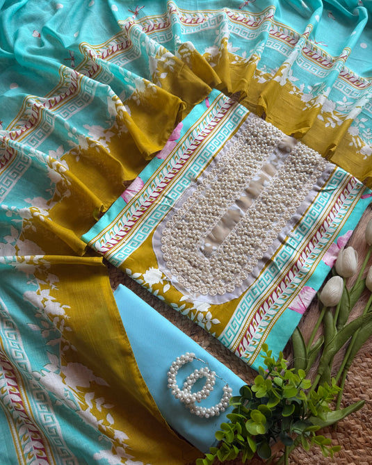 Pakistani printed mehendi turquoise fusion suit set with pearl patch