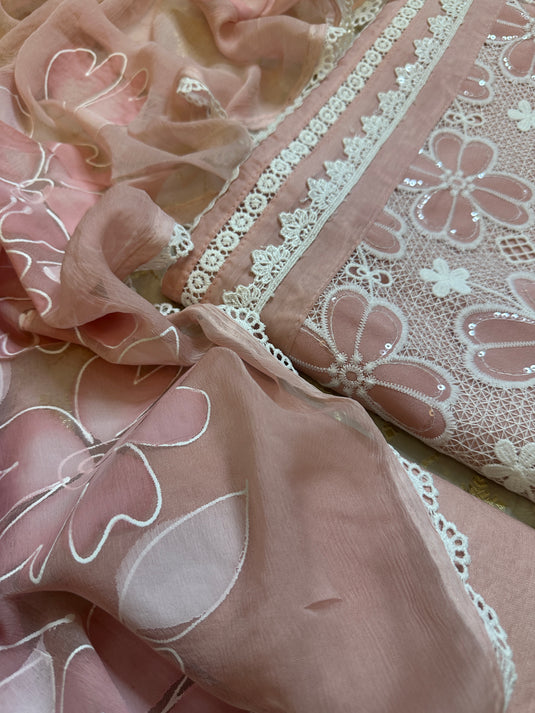 Pastel organza crochet detail suit set with handpaint dupatta