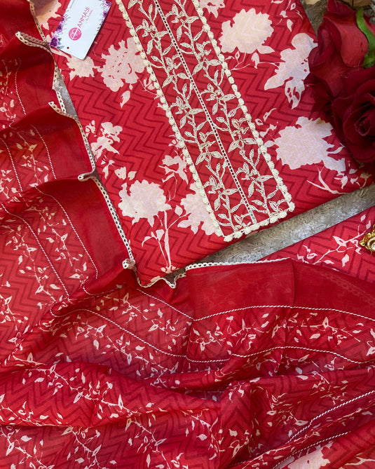 Bright red pure cotton floral print suit set