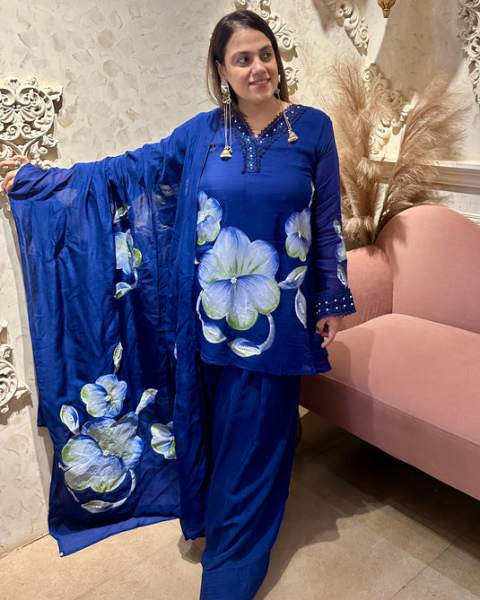 Handpainted organza suit set with farshi salwar