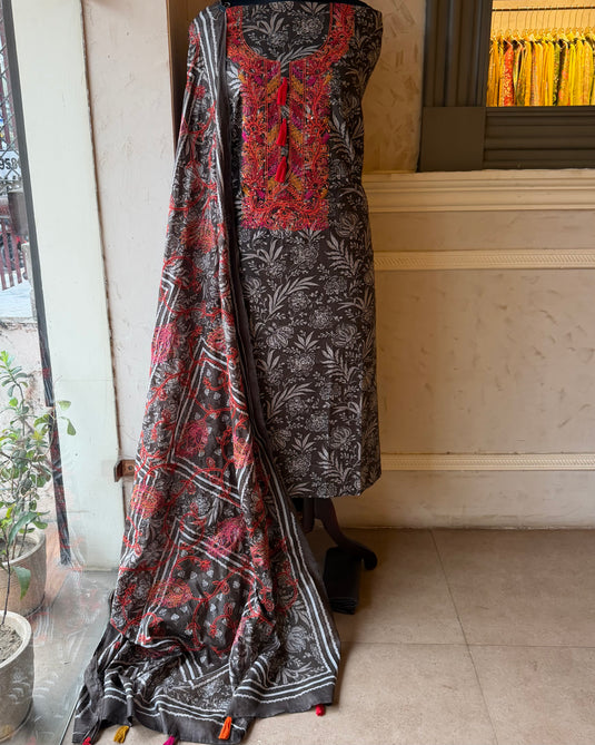 Fine Cambric printed cocoa suit set with coloured machine work