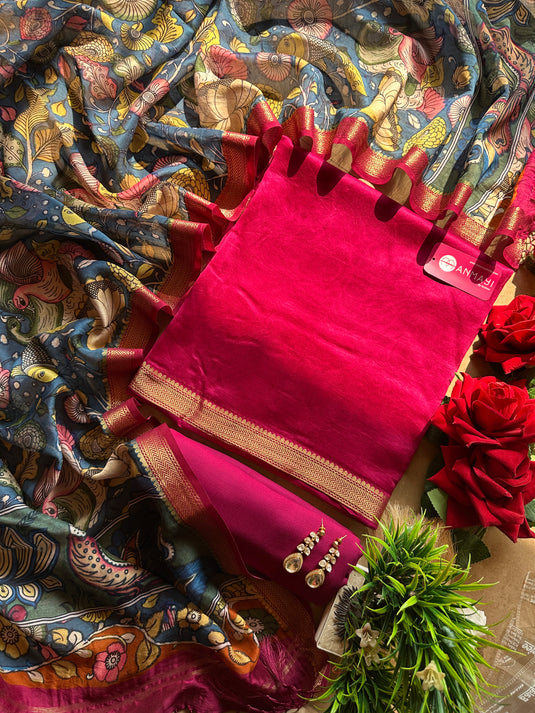 Pure Maheshwari silk south border suit set with kalamkari dupatta