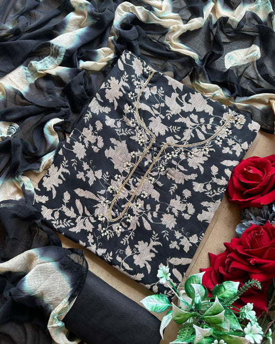 Printed cotton dori neck suit set with shaded chiffon dupatta