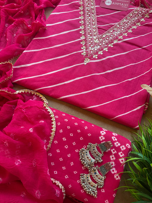 Lehria cotton v neck suit with bandhani chiffon dupatta
