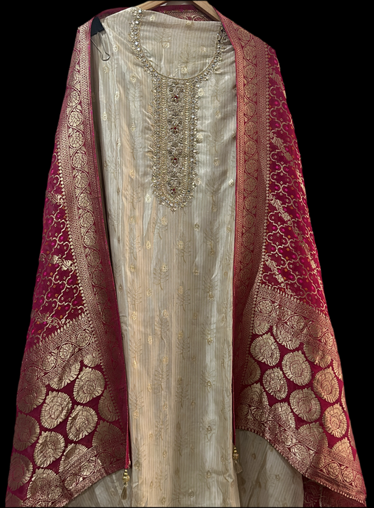 Organza golden print suit with heavy Ghadchola dupatta